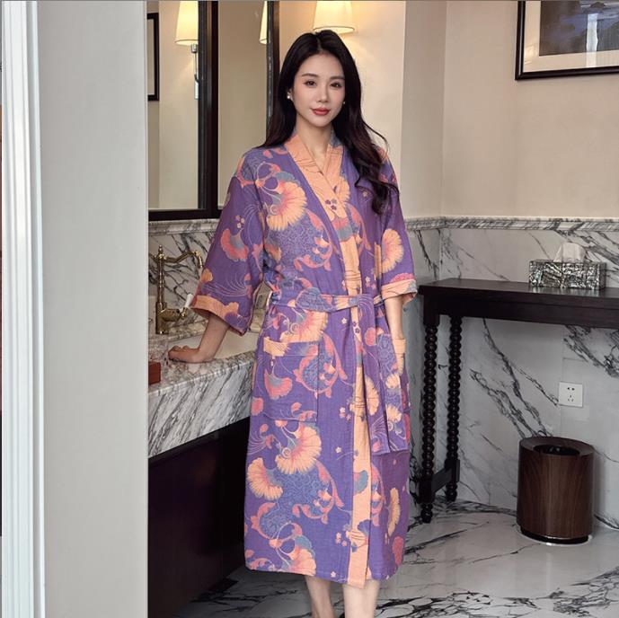 Summer Gauze Clothing - Cotton Gauze Print Kimono Robes Female