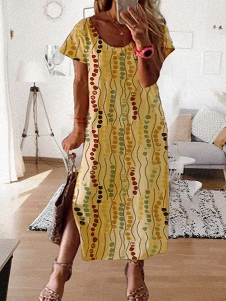 Plus Size Yellow Printed Midi  - đánh giá và giá Summer Clothing For Older Women